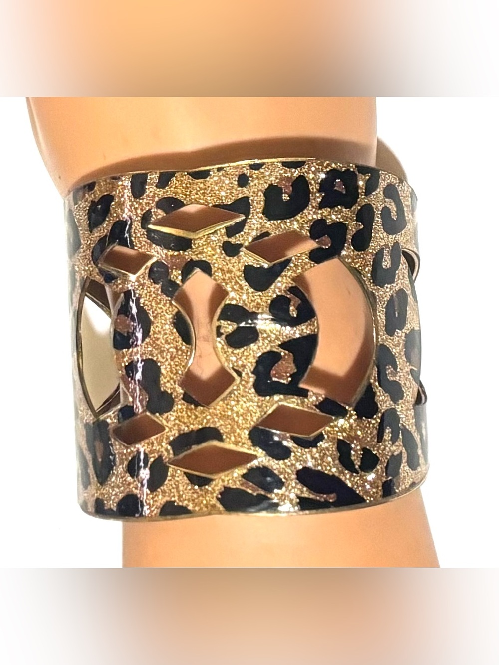Vintage Gold and Black Leopard Cutout Wide Cuff Bracelet